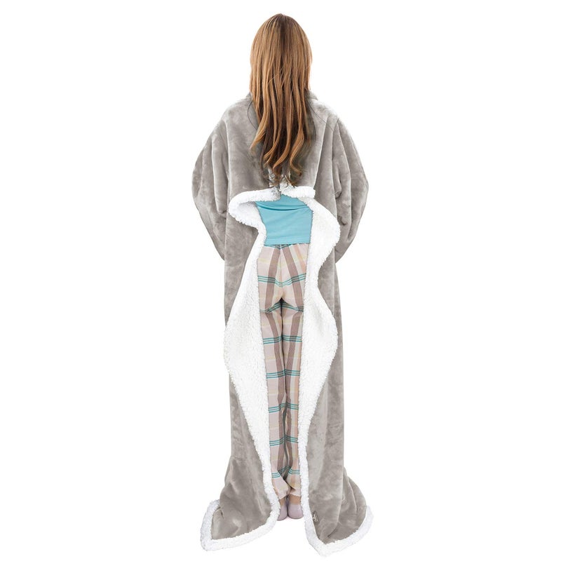 Catalonia Sherpa Wearable Blanket with Sleeves & Foot Pockets for Adult Women Men, Comfy Snuggle Wrap Sleeved Throw Blanket Robe, Gift Idea, Camel - Image 3